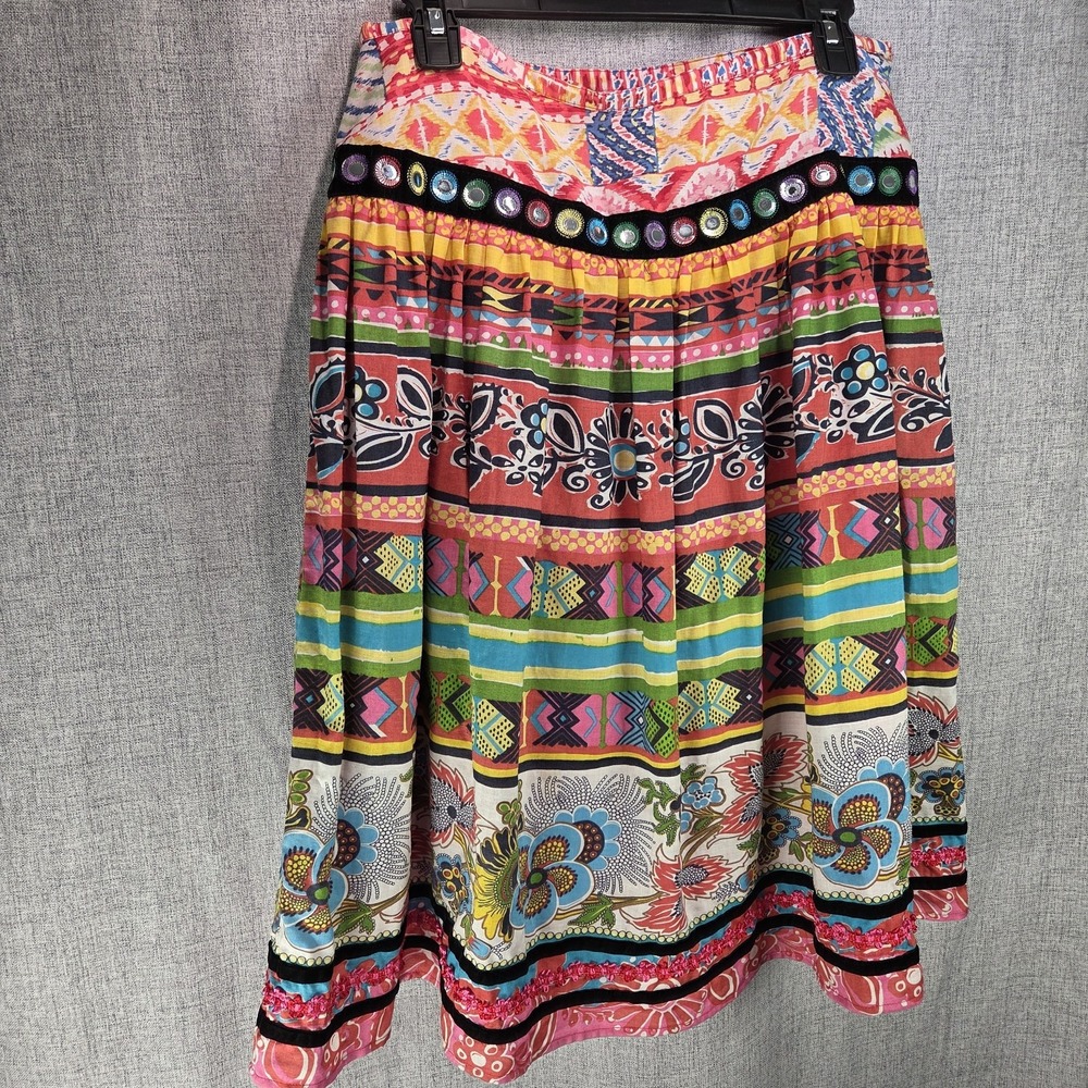 VTG Banjara Skirt WD.NY India Patchwork Ribbon Trim Linen Full Tiered SZ 8 Midi - Picture 2 of 11